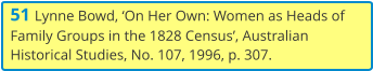 51 Lynne Bowd, ‘On Her Own: Women as Heads of Family Groups in the 1828 Census’, Australian Historical Studies, No. 107, 1996, p. 307.