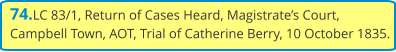 74.LC 83/1, Return of Cases Heard, Magistrate’s Court, Campbell Town, AOT, Trial of Catherine Berry, 10 October 1835.