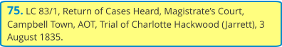 75. LC 83/1, Return of Cases Heard, Magistrate’s Court, Campbell Town, AOT, Trial of Charlotte Hackwood (Jarrett), 3 August 1835.