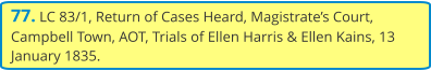 77. LC 83/1, Return of Cases Heard, Magistrate’s Court, Campbell Town, AOT, Trials of Ellen Harris & Ellen Kains, 13 January 1835.