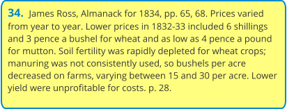 34.  James Ross, Almanack for 1834, pp. 65, 68. Prices varied from year to year. Lower prices in 1832-33 included 6 shillings and 3 pence a bushel for wheat and as low as 4 pence a pound for mutton. Soil fertility was rapidly depleted for wheat crops; manuring was not consistently used, so bushels per acre decreased on farms, varying between 15 and 30 per acre. Lower yield were unprofitable for costs. p. 28.