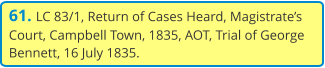 61. LC 83/1, Return of Cases Heard, Magistrate’s Court, Campbell Town, 1835, AOT, Trial of George Bennett, 16 July 1835.