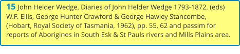 15 John Helder Wedge, Diaries of John Helder Wedge 1793-1872, (eds) W.F. Ellis, George Hunter Crawford & George Hawley Stancombe, (Hobart, Royal Society of Tasmania, 1962), pp. 55, 62 and passim for reports of Aborigines in South Esk & St Pauls rivers and Mills Plains area.