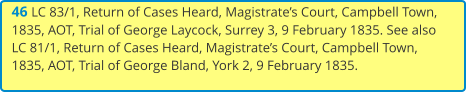 46 LC 83/1, Return of Cases Heard, Magistrate’s Court, Campbell Town, 1835, AOT, Trial of George Laycock, Surrey 3, 9 February 1835. See also LC 81/1, Return of Cases Heard, Magistrate’s Court, Campbell Town, 1835, AOT, Trial of George Bland, York 2, 9 February 1835.