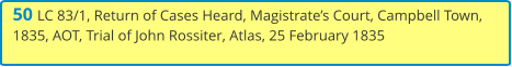 50 LC 83/1, Return of Cases Heard, Magistrate’s Court, Campbell Town, 1835, AOT, Trial of John Rossiter, Atlas, 25 February 1835