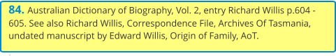 84. Australian Dictionary of Biography, Vol. 2, entry Richard Willis p.604 - 605. See also Richard Willis, Correspondence File, Archives Of Tasmania, undated manuscript by Edward Willis, Origin of Family, AoT. .