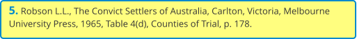 5. Robson L.L., The Convict Settlers of Australia, Carlton, Victoria, Melbourne University Press, 1965, Table 4(d), Counties of Trial, p. 178.