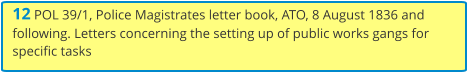 12 POL 39/1, Police Magistrates letter book, ATO, 8 August 1836 and following. Letters concerning the setting up of public works gangs for specific tasks