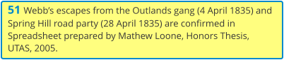 51 Webb’s escapes from the Outlands gang (4 April 1835) and Spring Hill road party (28 April 1835) are confirmed in Spreadsheet prepared by Mathew Loone, Honors Thesis, UTAS, 2005.