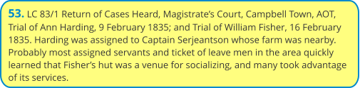 53. LC 83/1 Return of Cases Heard, Magistrate’s Court, Campbell Town, AOT, Trial of Ann Harding, 9 February 1835; and Trial of William Fisher, 16 February 1835. Harding was assigned to Captain Serjeantson whose farm was nearby. Probably most assigned servants and ticket of leave men in the area quickly learned that Fisher’s hut was a venue for socializing, and many took advantage of its services.