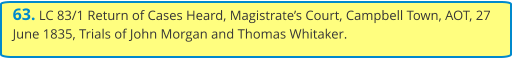 63. LC 83/1 Return of Cases Heard, Magistrate’s Court, Campbell Town, AOT, 27 June 1835, Trials of John Morgan and Thomas Whitaker.