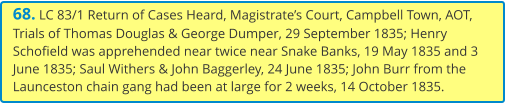 68. LC 83/1 Return of Cases Heard, Magistrate’s Court, Campbell Town, AOT, Trials of Thomas Douglas & George Dumper, 29 September 1835; Henry Schofield was apprehended near twice near Snake Banks, 19 May 1835 and 3 June 1835; Saul Withers & John Baggerley, 24 June 1835; John Burr from the Launceston chain gang had been at large for 2 weeks, 14 October 1835.
