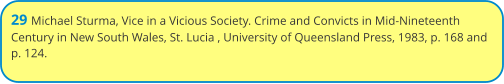29 Michael Sturma, Vice in a Vicious Society. Crime and Convicts in Mid-Nineteenth Century in New South Wales, St. Lucia , University of Queensland Press, 1983, p. 168 and p. 124.