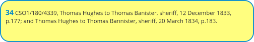 34 CSO1/180/4339, Thomas Hughes to Thomas Banister, sheriff, 12 December 1833, p.177; and Thomas Hughes to Thomas Bannister, sheriff, 20 March 1834, p.183.