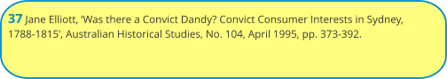 37 Jane Elliott, ‘Was there a Convict Dandy? Convict Consumer Interests in Sydney, 1788-1815’, Australian Historical Studies, No. 104, April 1995, pp. 373-392.