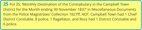 25 Pol 35, ‘Monthly Destination of the Constabulary in the Campbell Town District for the Month ending 30 November 1837’ in Miscellaneous Documents from the Police Magistrates’ Collection 1827ff, AOT. Campbell Town had 1 Chief District Constable, 8 police, 1 flagellator, and Ross had 1 District Constable and 6 police.
