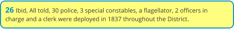 26 Ibid, All told, 30 police, 3 special constables, a flagellator, 2 officers in charge and a clerk were deployed in 1837 throughout the District.