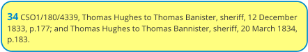 34 CSO1/180/4339, Thomas Hughes to Thomas Banister, sheriff, 12 December 1833, p.177; and Thomas Hughes to Thomas Bannister, sheriff, 20 March 1834, p.183.