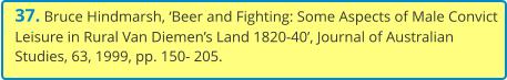 37. Bruce Hindmarsh, ‘Beer and Fighting: Some Aspects of Male Convict Leisure in Rural Van Diemen’s Land 1820-40’, Journal of Australian Studies, 63, 1999, pp. 150- 205.