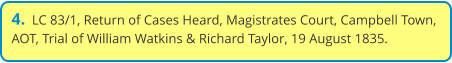4.  LC 83/1, Return of Cases Heard, Magistrates Court, Campbell Town, AOT, Trial of William Watkins & Richard Taylor, 19 August 1835.
