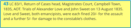 43 LC 83/1, Return of Cases head, Magistrates Court, Campbell Town, 1835, AOT. Trials of Alexander Love and John Sweet on 13 August 1835. Love and Sweet, both emancipists, were each fined 20/- for the assault and a further 5/- for damage to the constable’s clothes.