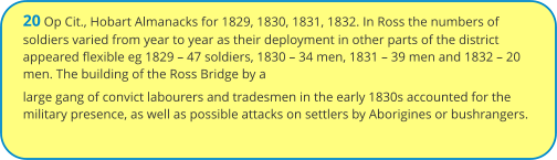 20 Op Cit., Hobart Almanacks for 1829, 1830, 1831, 1832. In Ross the numbers of soldiers varied from year to year as their deployment in other parts of the district appeared flexible eg 1829 – 47 soldiers, 1830 – 34 men, 1831 – 39 men and 1832 – 20 men. The building of the Ross Bridge by a large gang of convict labourers and tradesmen in the early 1830s accounted for the military presence, as well as possible attacks on settlers by Aborigines or bushrangers.