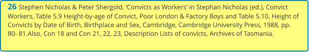 26 Stephen Nicholas & Peter Shergold, ‘Convicts as Workers’ in Stephan Nicholas (ed.), Convict Workers, Table 5.9 Height-by-age of Convict, Poor London & Factory Boys and Table 5.10, Height of Convicts by Date of Birth, Birthplace and Sex, Cambridge, Cambridge University Press, 1988, pp. 80- 81.Also, Con 18 and Con 21, 22, 23, Description Lists of convicts, Archives of Tasmania.