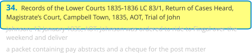 34.  Records of the Lower Courts 1835-1836 LC 83/1, Return of Cases Heard, Magistrate’s Court, Campbell Town, 1835, AOT, Trial of John Johnson, 12 January 1835, AOT. Johnson was ordered to ride to Fingal over the weekend and deliver a packet containing pay abstracts and a cheque for the post master