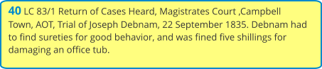 40 LC 83/1 Return of Cases Heard, Magistrates Court ,Campbell Town, AOT, Trial of Joseph Debnam, 22 September 1835. Debnam had to find sureties for good behavior, and was fined five shillings for damaging an office tub.