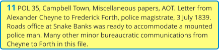 11 POL 35, Campbell Town, Miscellaneous papers, AOT. Letter from Alexander Cheyne to Frederick Forth, police magistrate, 3 July 1839. Roads office at Snake Banks was ready to accommodate a mounted police man. Many other minor bureaucratic communications from Cheyne to Forth in this file.