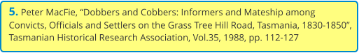 5. Peter MacFie, “Dobbers and Cobbers: Informers and Mateship among Convicts, Officials and Settlers on the Grass Tree Hill Road, Tasmania, 1830-1850”, Tasmanian Historical Research Association, Vol.35, 1988, pp. 112-127