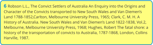 6 Robson L.L., The Convict Settlers of Australia An Enquiry into the Origins and Character of the Convicts transported to New South Wales and Van Diemen’s Land 1788-1852,Carlton, Melbourne University Press, 1965; Clark, C. M. H. A History of Australia. New South Wales and Van Diemen’s Land 1822-1838, Vol.2, Melbourne, Melbourne University Press, 1968; Hughes, Robert The fatal shore: a history of the transportation of convicts to Australia, 1787-1868, London, Collins Harville, 1987.