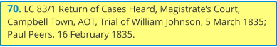 70. LC 83/1 Return of Cases Heard, Magistrate’s Court, Campbell Town, AOT, Trial of William Johnson, 5 March 1835; Paul Peers, 16 February 1835.